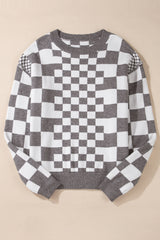 Carrot Checkered Drop Shoulder Round Neck Sweater