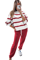 Red Striped Drop Shoulder Pullover and Joggers Set