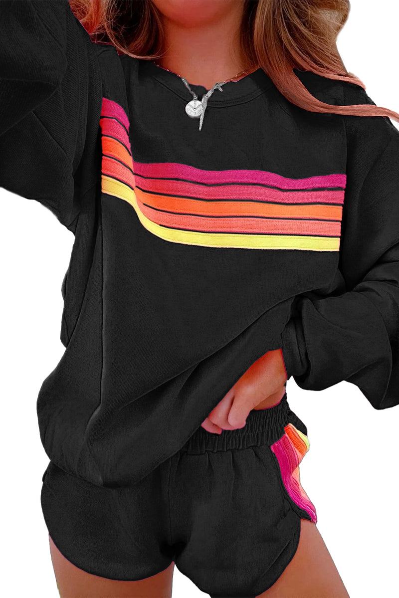 Black Colorful Striped Long Sleeve Pullover and Shorts Set