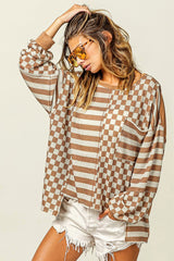 Khaki Checkered Striped Patchwork Lantern Sleeve Top