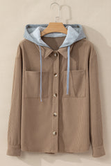 Sail Blue Pockets Drawstring Hooded Corduroy Shacket