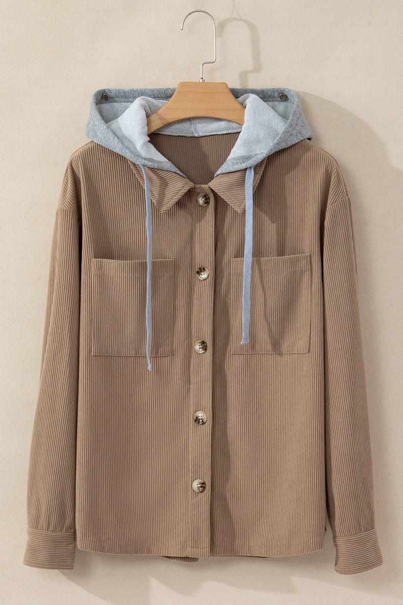 Sail Blue Pockets Drawstring Hooded Corduroy Shacket