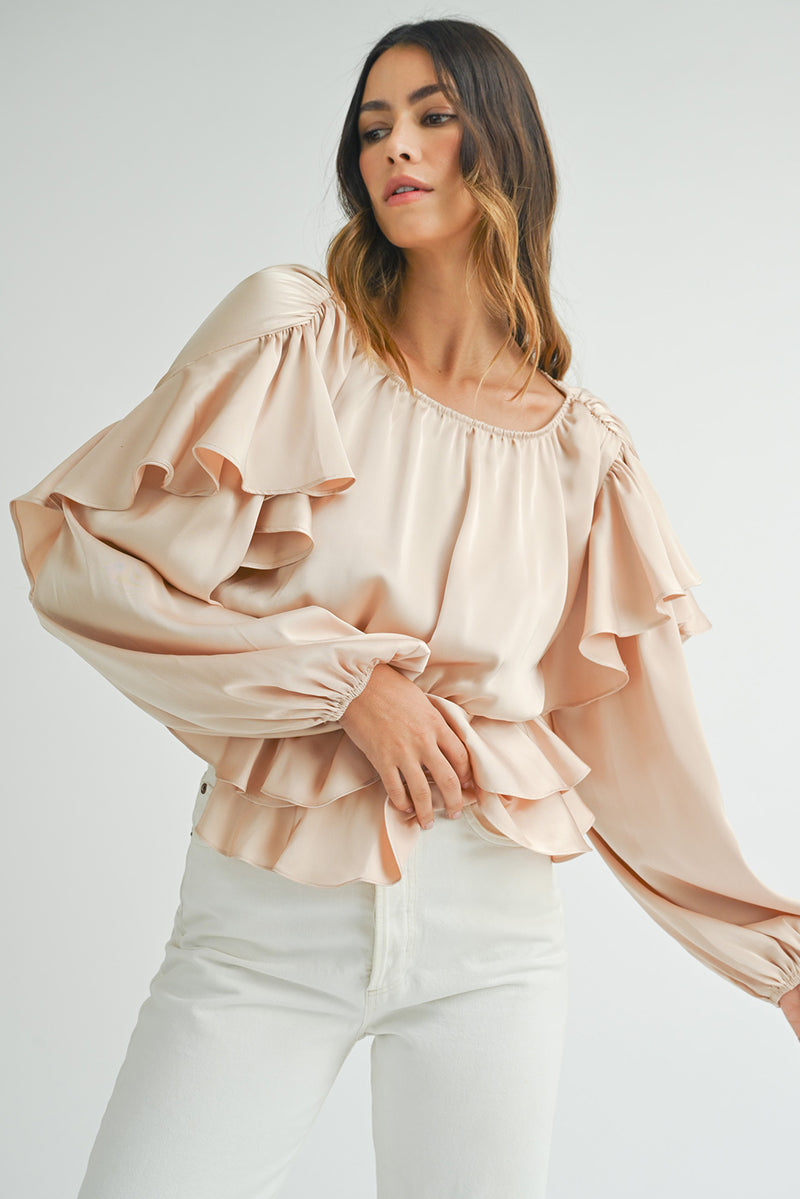 Oatmeal Elegant Satin Ruffle Peplum Blouse