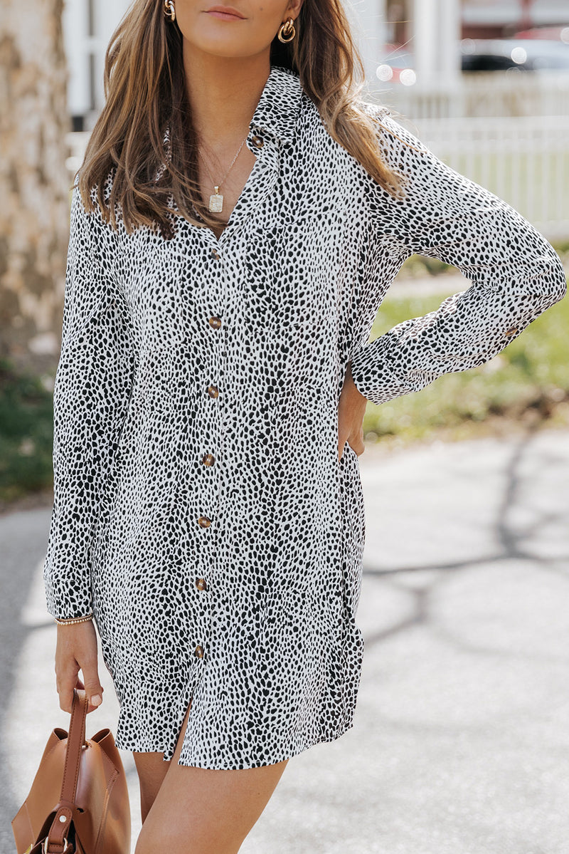 Cheetah Casual Long Sleeve Button Up Shirt Dress