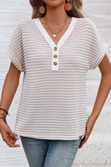 Khaki Striped Button Front V Neck Knitted Top