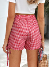 Coral Plaid Side Tie Elastic Waist Shorts