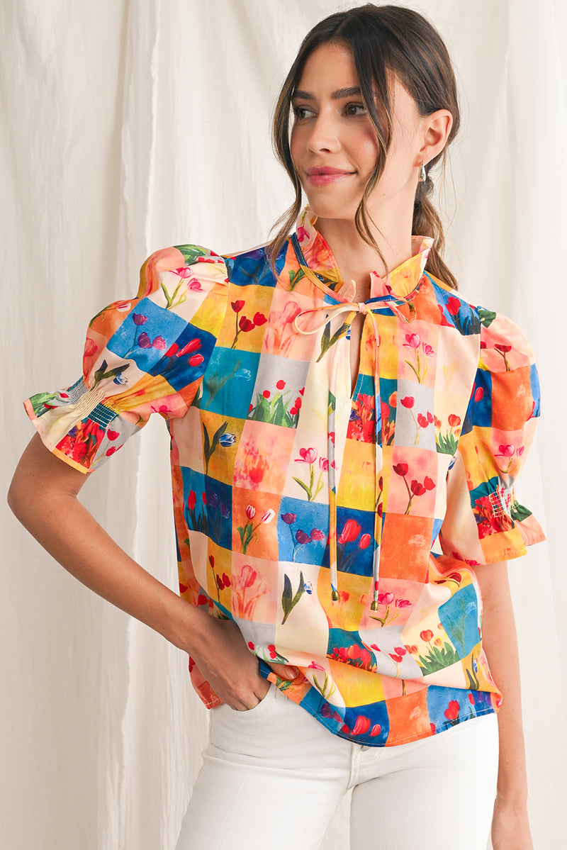 Multicolour Boho Floral Checkered Frill V-Neck Blouse