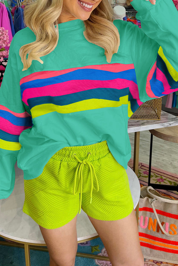 Green Colorful Striped Round Neck Long Sleeve Top