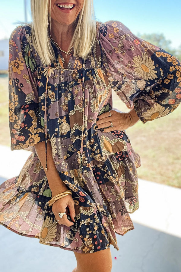 Purple Boho Floral Print Puff Sleeve Flowy Mini Dress