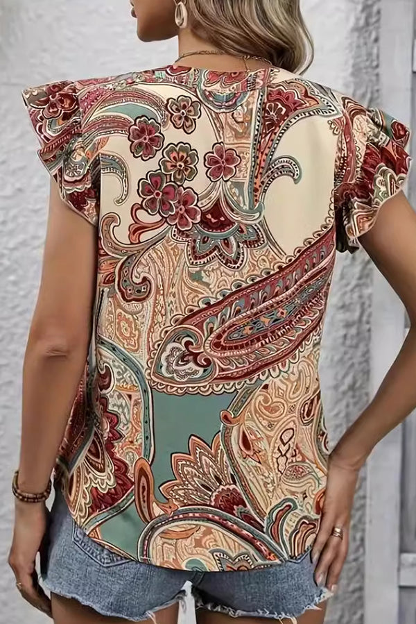 Khaki Paisley Floral Ruffle Sleeveless V Neck Blouse