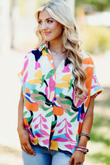 Multicolour Abstract Leaf Print Button Up Short Sleeve Blouse