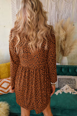 Khaki Crew Neck Long Sleeve High Waisted Leopard Print Dress