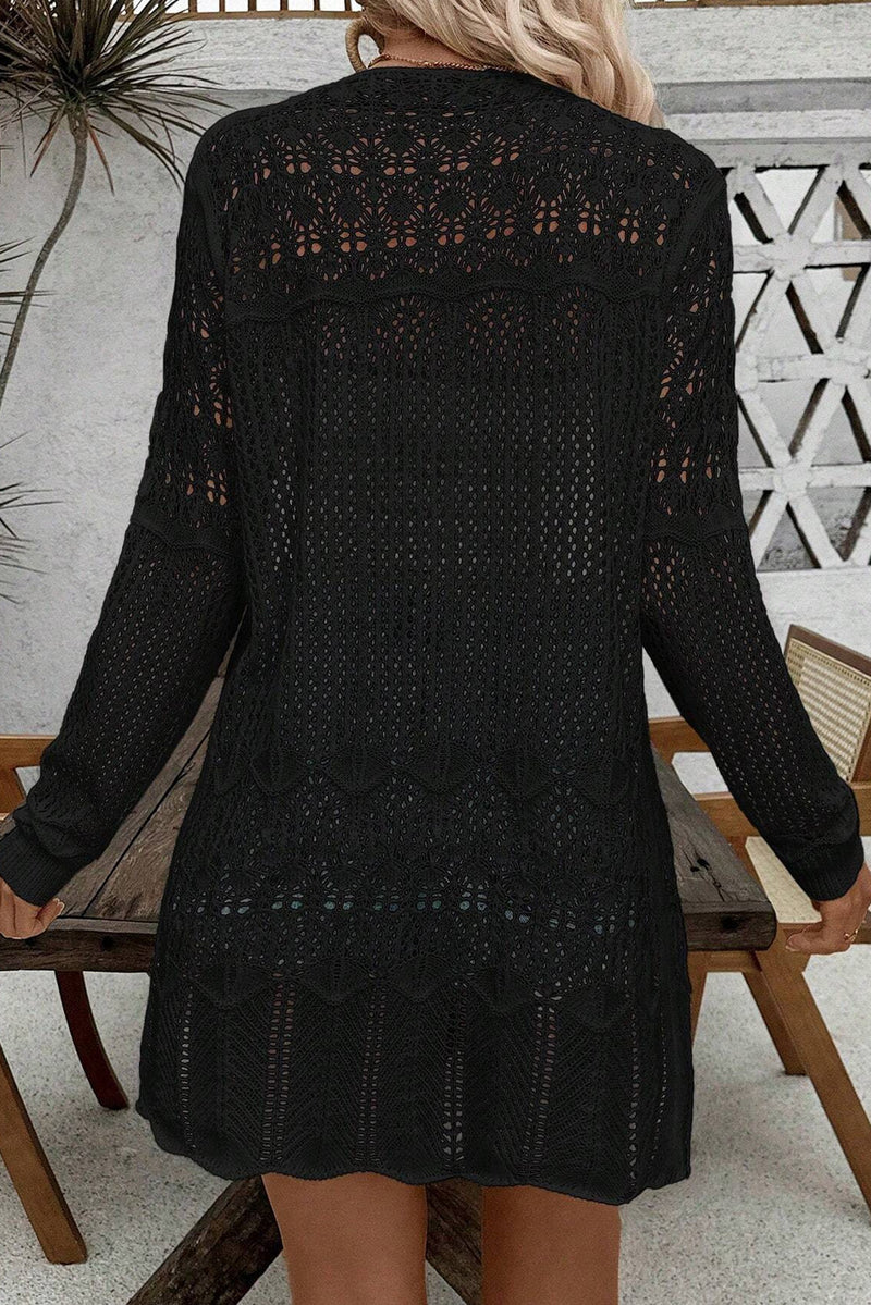 Black Hollow Out Crochet Open Front Cardigan