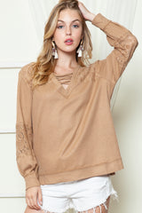 Apricot Lace and Waffle Knit Crisscross Straps V Neck Long Sleeve Top