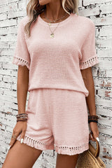 Pink Fringe Trim Waffle Knit Textured Shorts Set