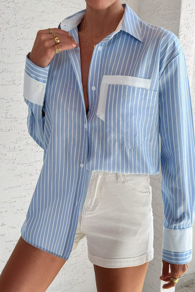 Sky Blue Stripe Contrast Patch Pocket Casual Shirt