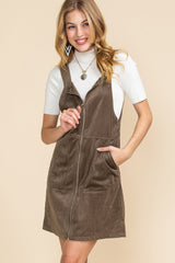 Brown Pockets Zip Up Ribbed Overall Dress