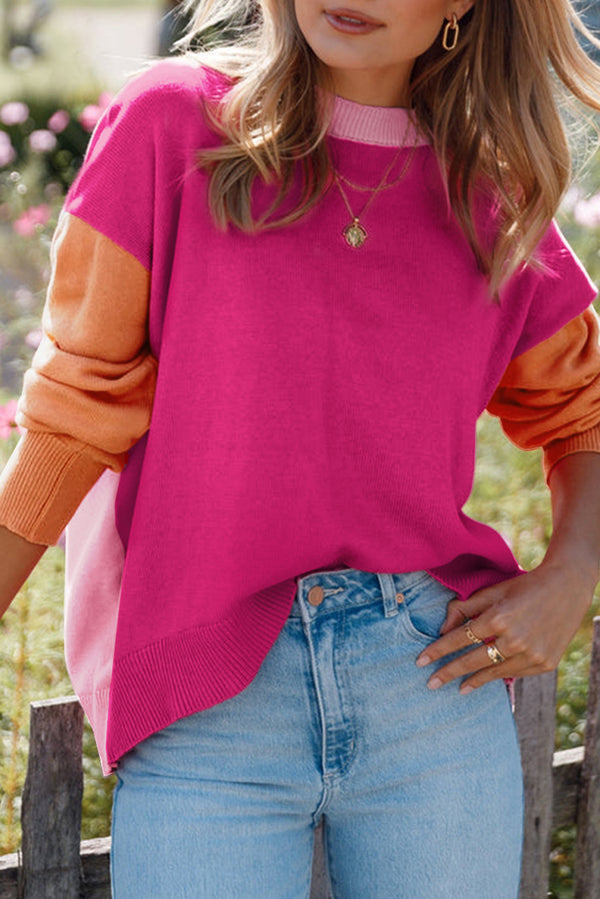 Bonbon Color Block Round Neck Loose Sweater