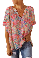 Multicolor Gorgeous Notch V Neck Short Sleeve Floral Blouse