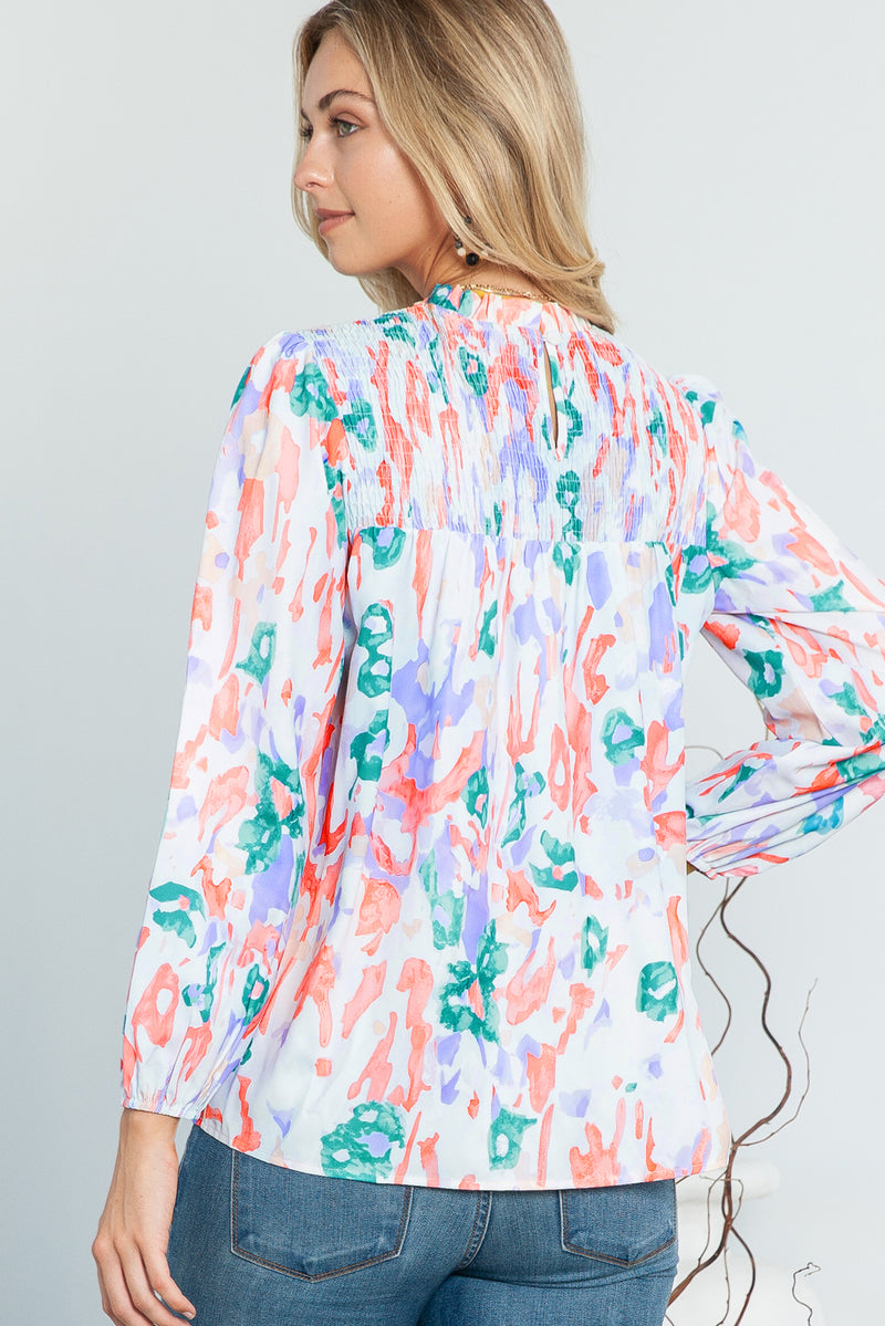 Multicolor Abstract Print Smocked Long Sleeve Blouse