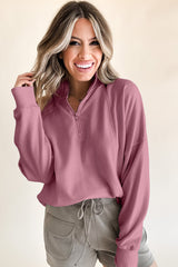 Fushia Zipper Collared Drop Shoulder Plain Sweatshirt