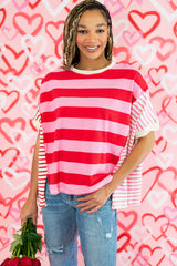 Pink Stripe Patchwork Side Split Loose T Shirt