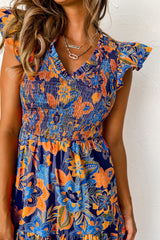 Dark Blue Boho Floral V Neck Ruffle Tiered Long Dress