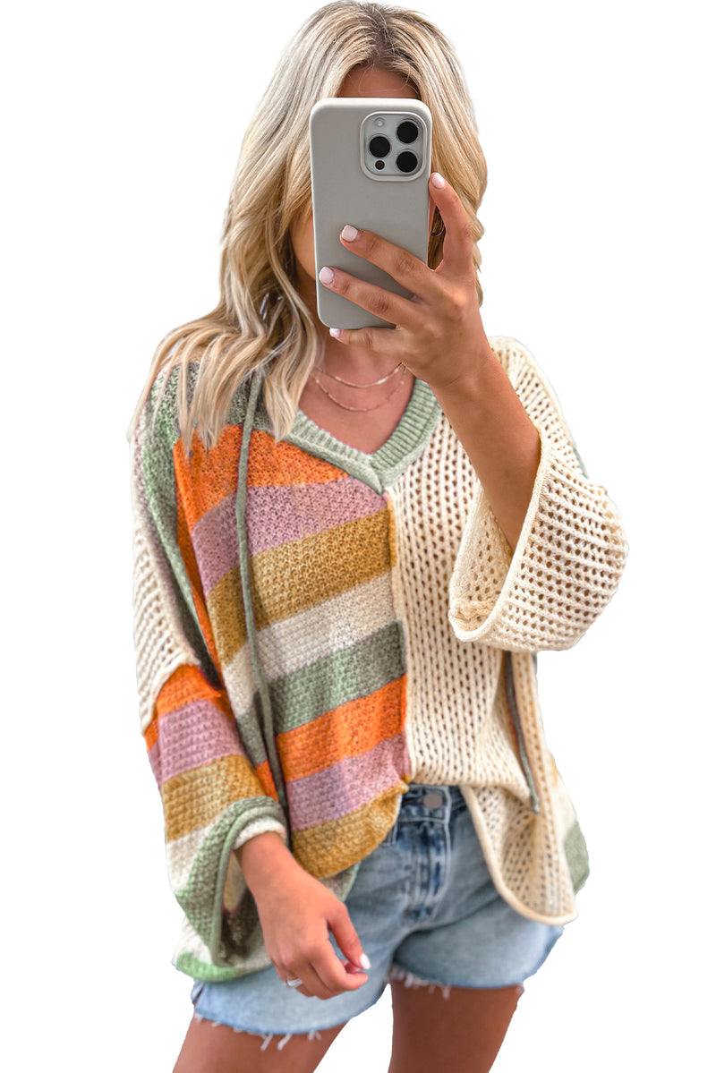 Beige Oversized Colorblock V Neck Hooded Sweater