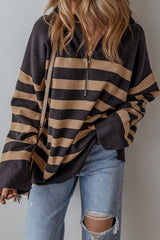 Green Striped Collared Quarter Zip Oversized Sweater