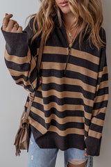 Green Striped Collared Quarter Zip Oversized Sweater