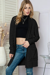 Black Ribbed Knit Pocketed Open Front Long Cardigan