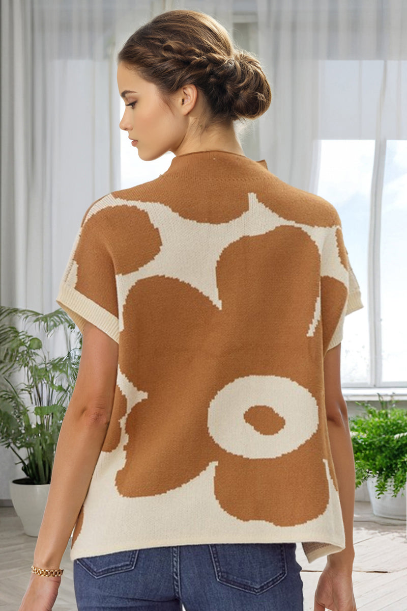 Camel Flower Print Mock Neck Knit Top