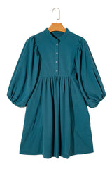 Light Blue Snap Button Empire Waist Lantern Sleeve Corduroy Dress