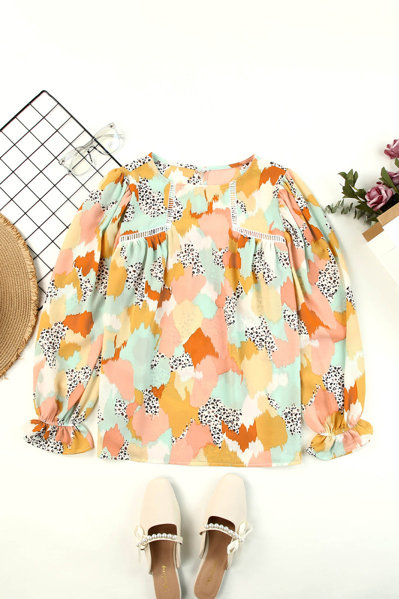 Multicolor Abstract Print Boho Ruffle Puff Sleeve Blouse