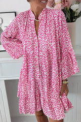 Bright Pink Leopard Print Flounce Sleeve Mini Dress