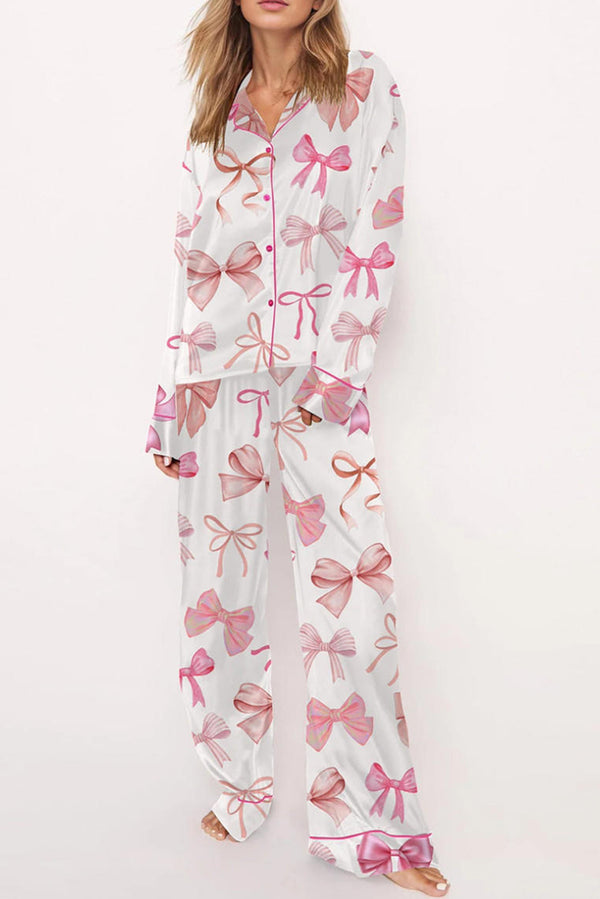 White Allover Bow Print Long Sleeve Pajama Set