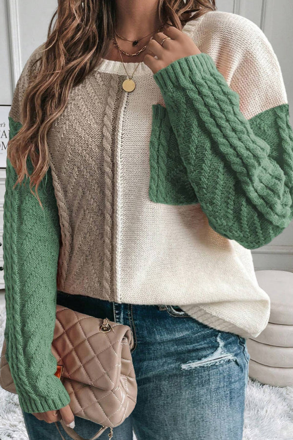 Mist Green Colorblock Plus Size Drop Shoulder Sweater