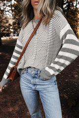 Brown Stripe Twisted Knitted Drop Shoulder Sweater