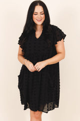 Black Dotty Textured Notched Neck Ruffle Plus Size Dress