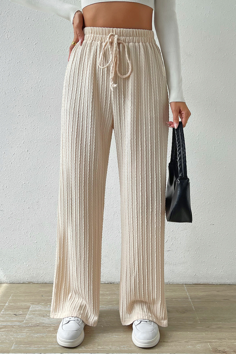 White Rib Knit Drawstring Elastic Waist Wide Leg Pants