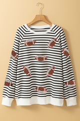 Black Stripe Sequin Rugby Football Side Slits Oversized Sweatshirt