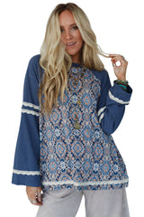 Blue Boho Geometric Print Lace Ricrac Raglan Sleeve Blouse