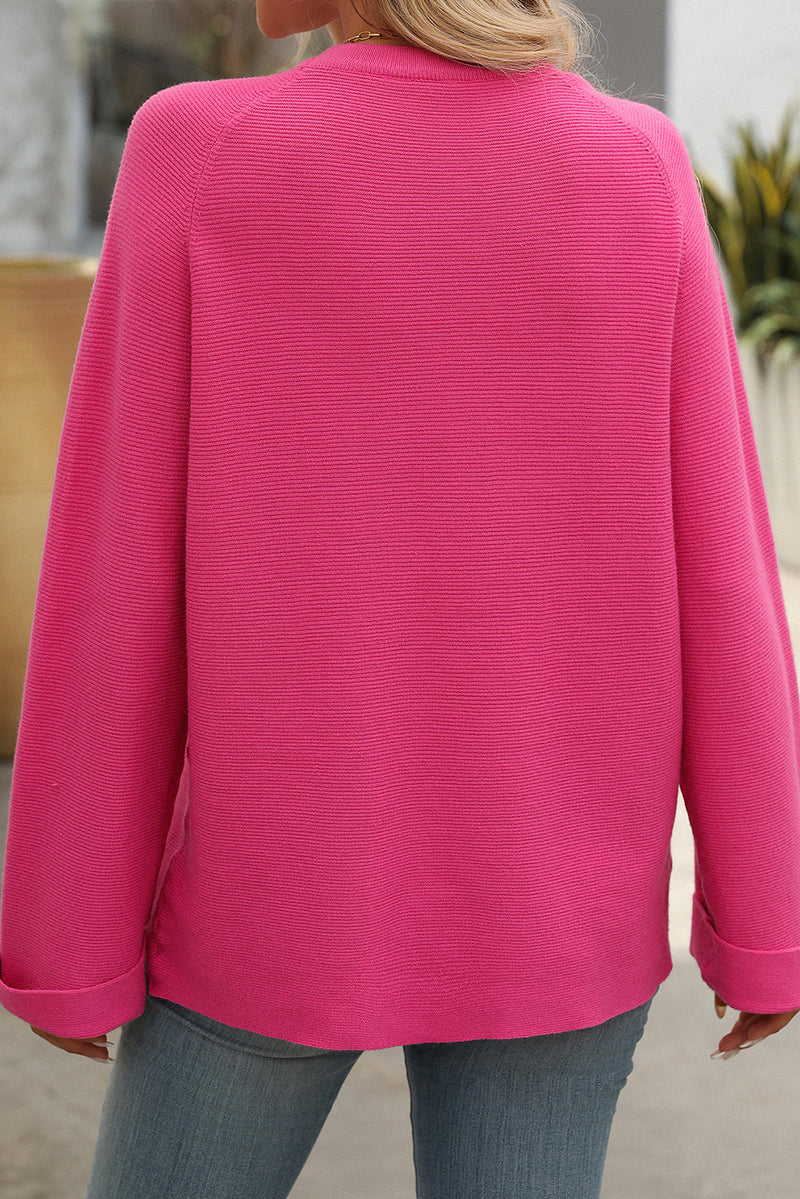 Rose Red Crinkle Ribbed Button Sleeve Sweater