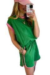 Green Textured Contrast Trim Tee & Drawstring Shorts Set