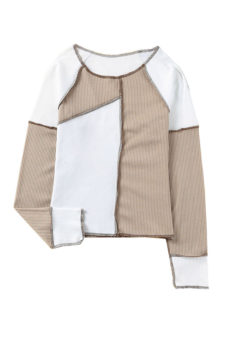 White Color Block Exposed Seam Ribbed Long Sleeve Top