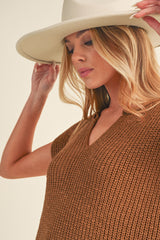 Camel V Neck Loose Fit Mini Knitted Dress