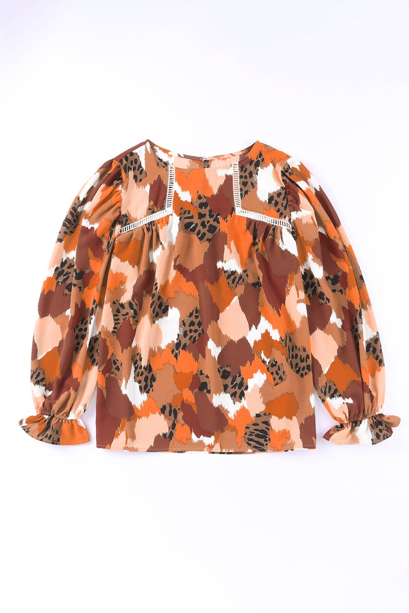 Multicolor Abstract Print Boho Ruffle Puff Sleeve Blouse