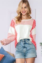 Peach Blossom Patchwork Long Sleeve Round Neck Top