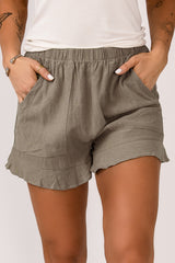 Green Casual Pocketed Ruffle High Waisted Shorts