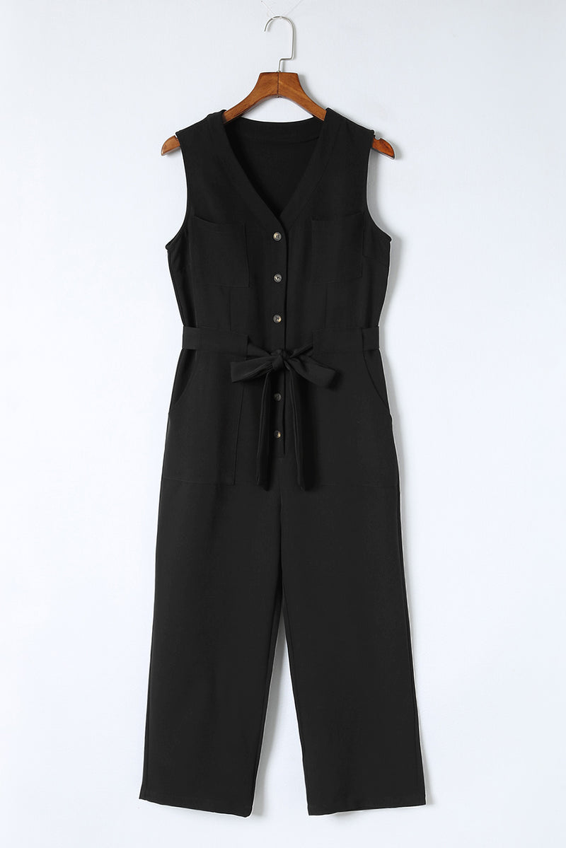 Black Buttoned Sleeveless Cropped Jumpsuit With Sash